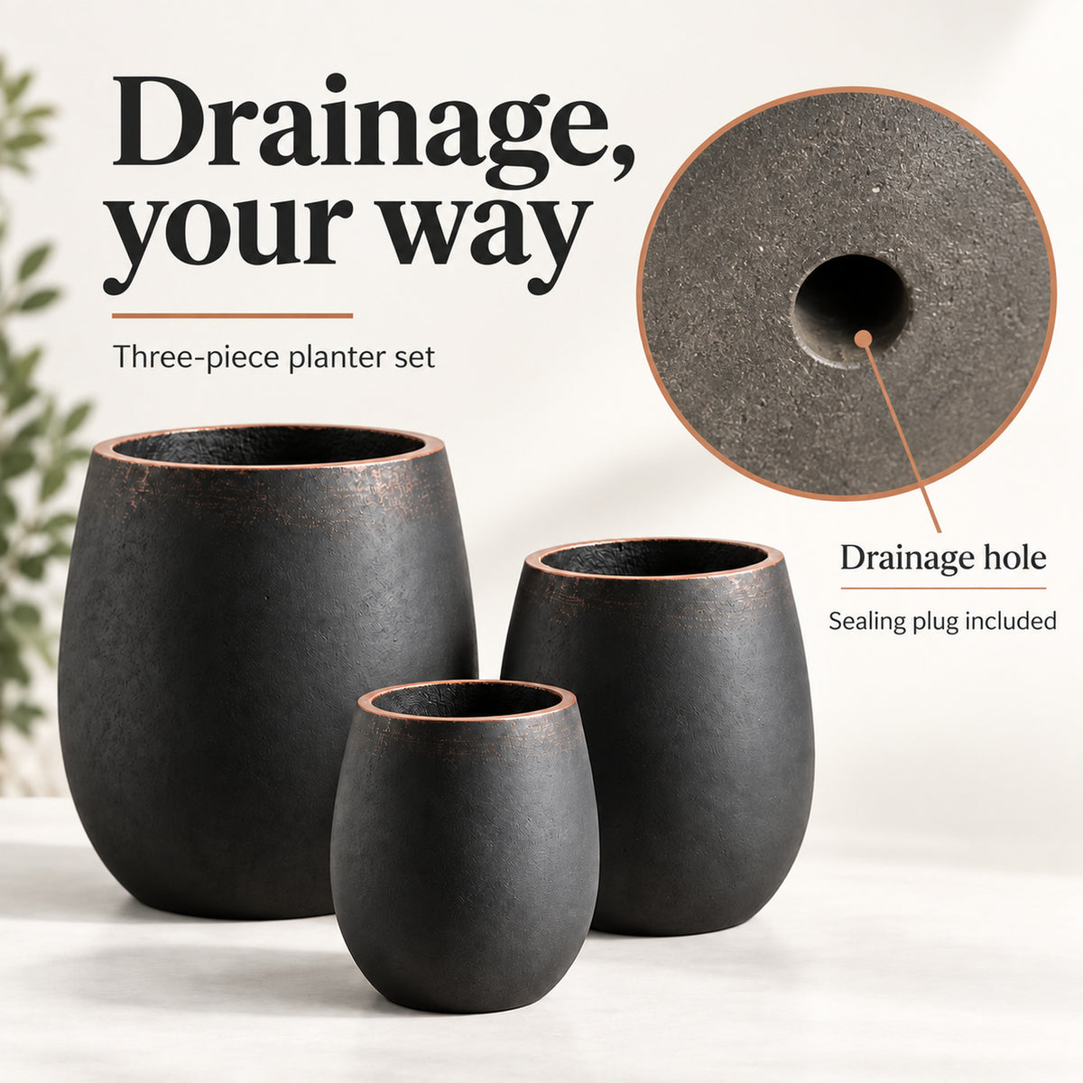 3-Piece Black Concrete Planter Set with Copper-Tone Rims