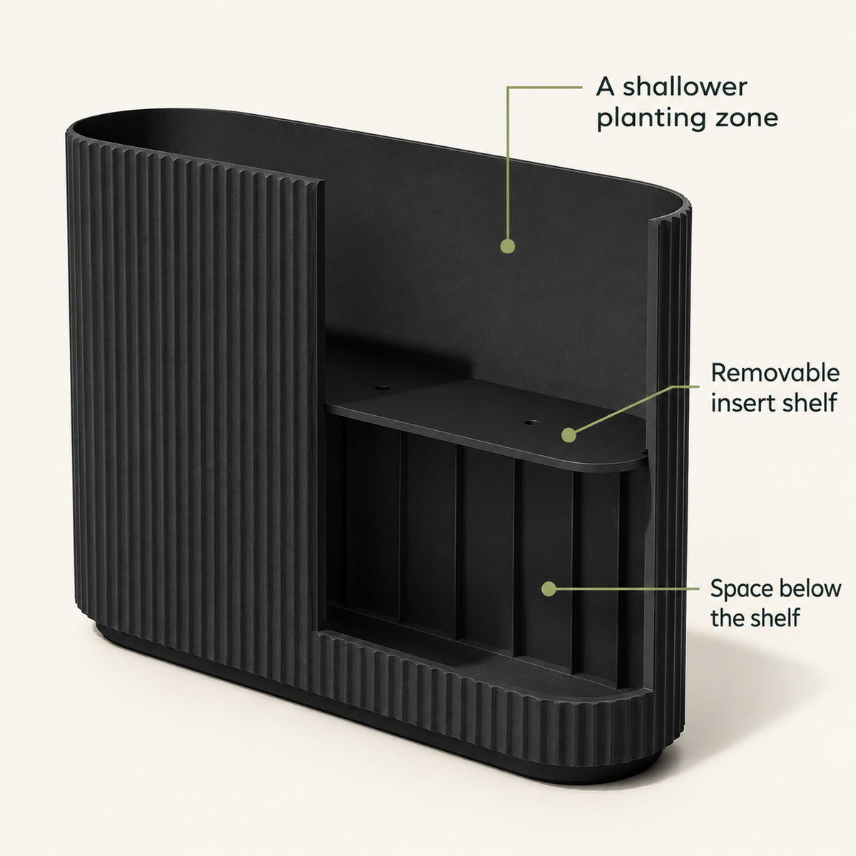 36-Inch Black Fluted Planter with Removable Shelf