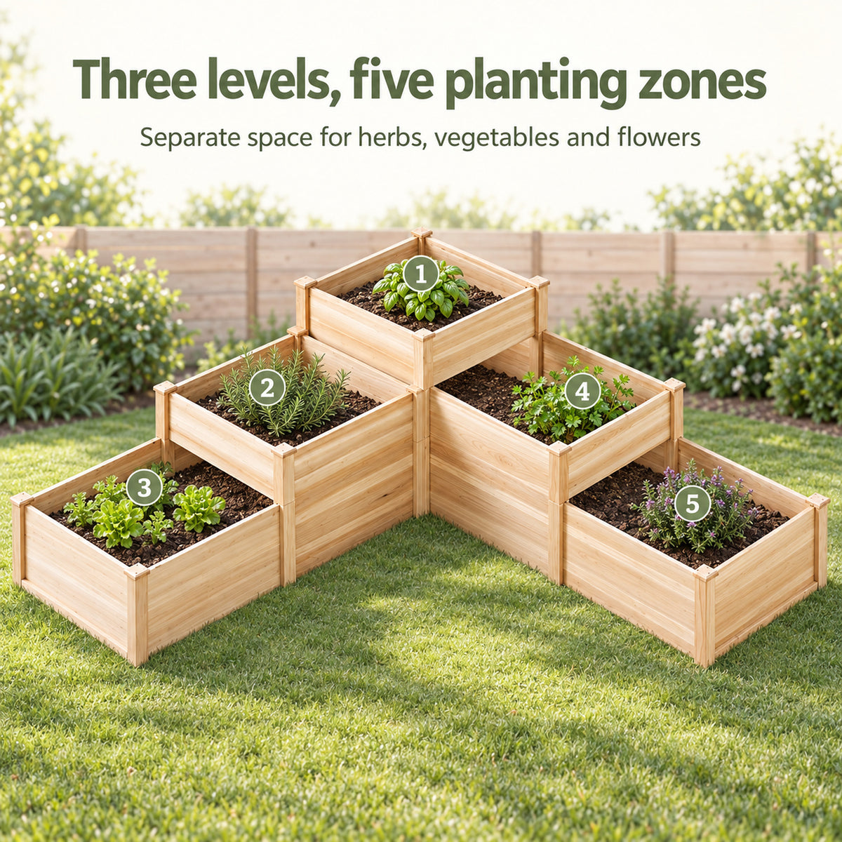 3-Tier Wooden Corner Raised Garden Bed with Five Planting Cells