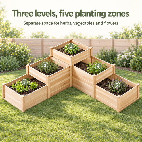 3-Tier Wooden Corner Raised Garden Bed with Five Planting Cells