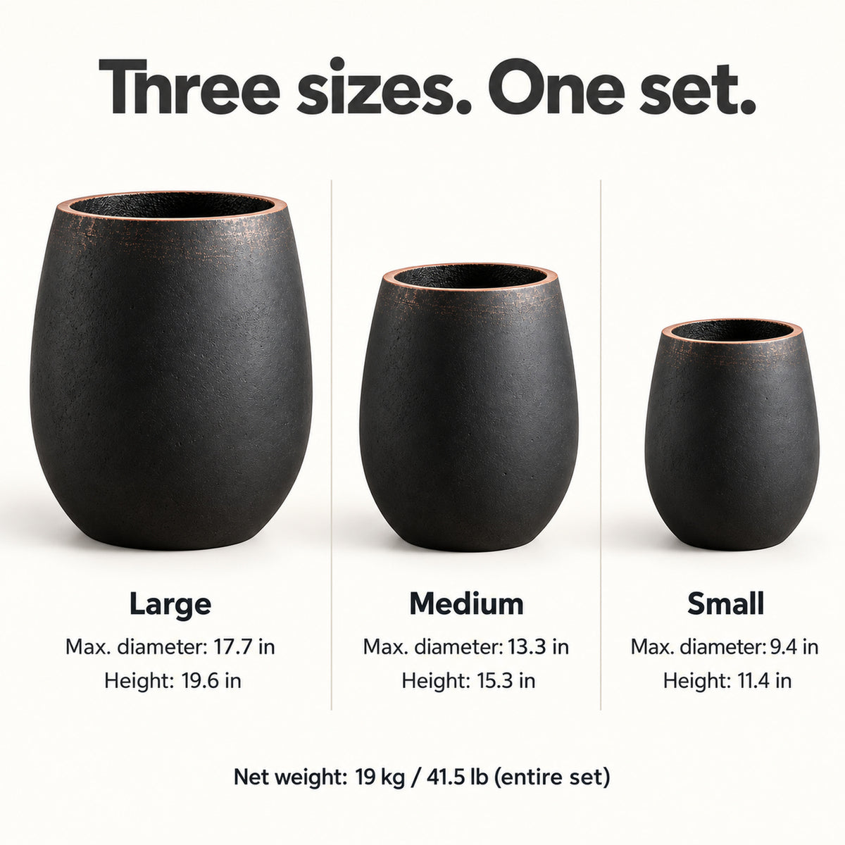 3-Piece Black Concrete Planter Set with Copper-Tone Rims
