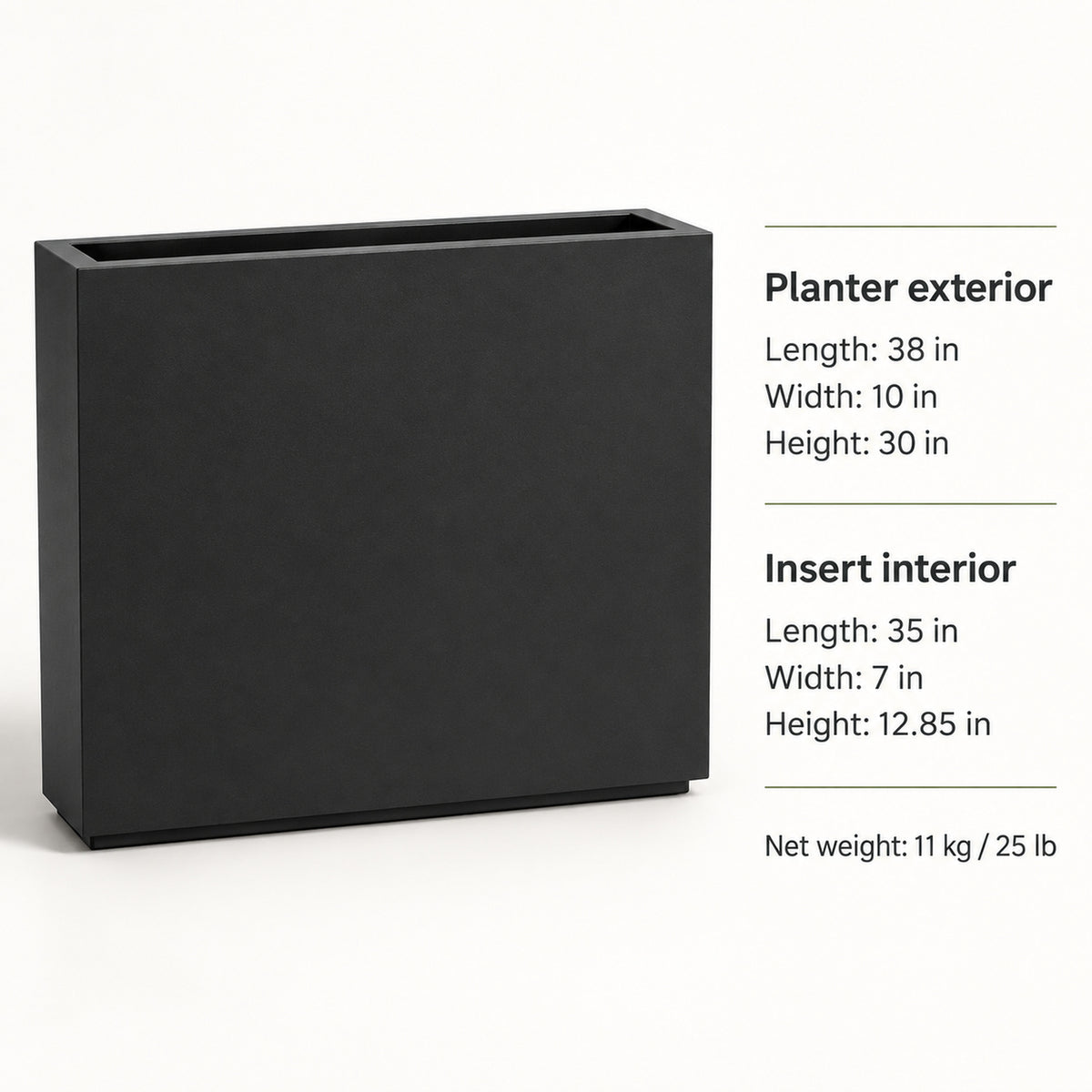 38-Inch Black Rectangular Planter with Removable Insert