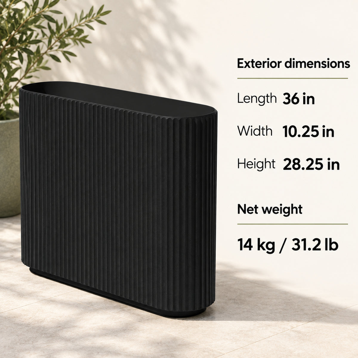 36-Inch Black Fluted Planter with Removable Shelf