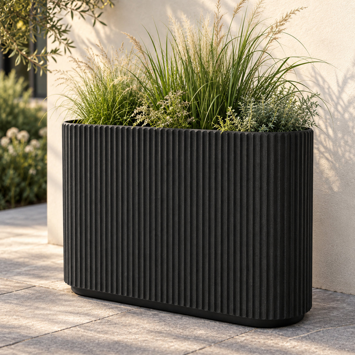 36-Inch Black Fluted Planter with Removable Shelf