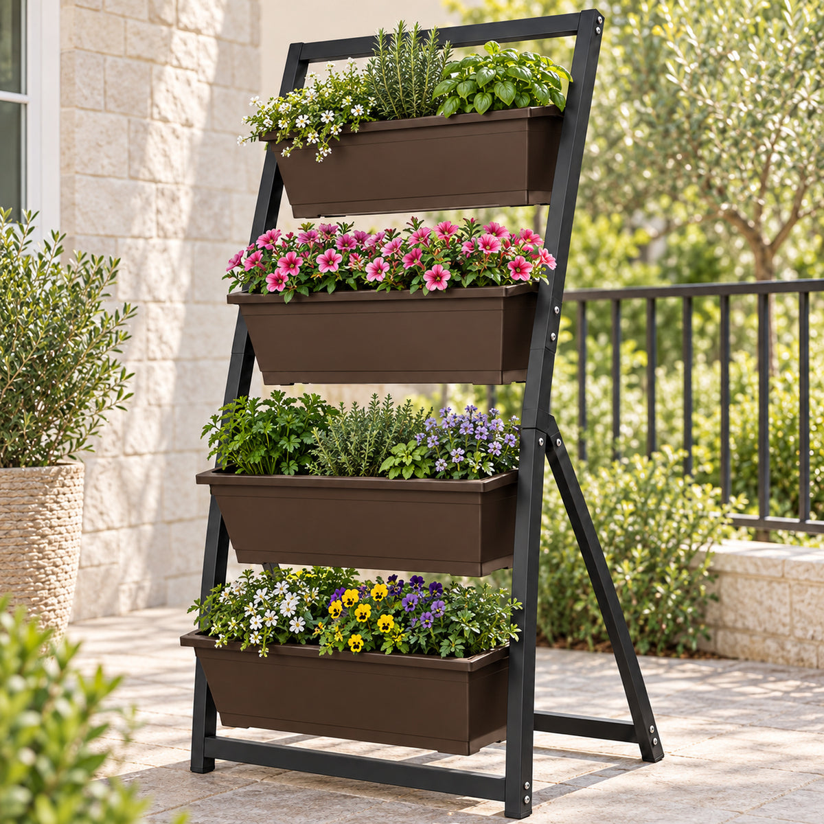 65-Inch Four-Tier Vertical Planter with Espresso Brown Bins