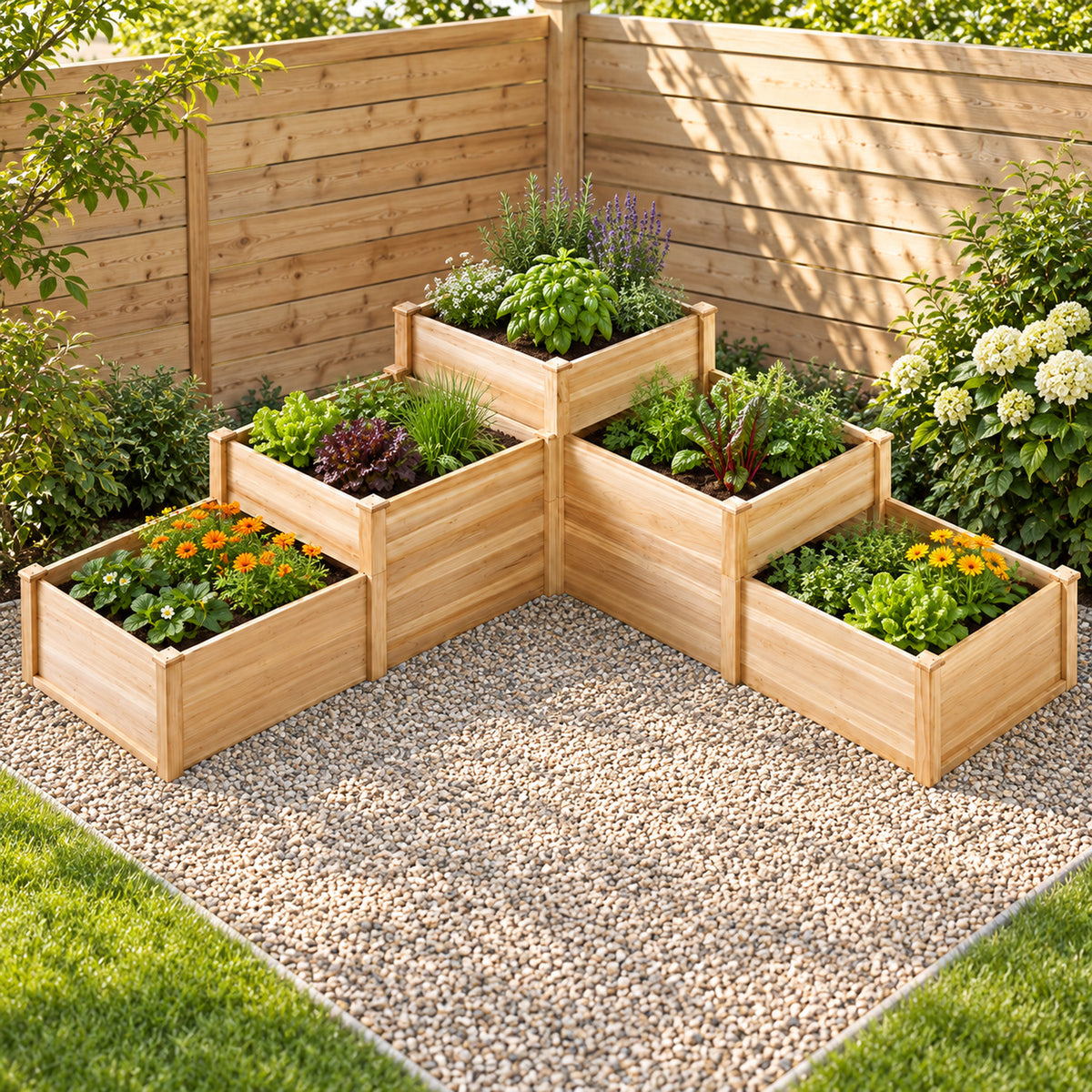 3-Tier Wooden Corner Raised Garden Bed with Five Planting Cells