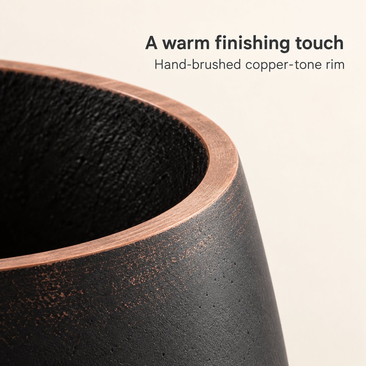 3-Piece Black Concrete Planter Set with Copper-Tone Rims